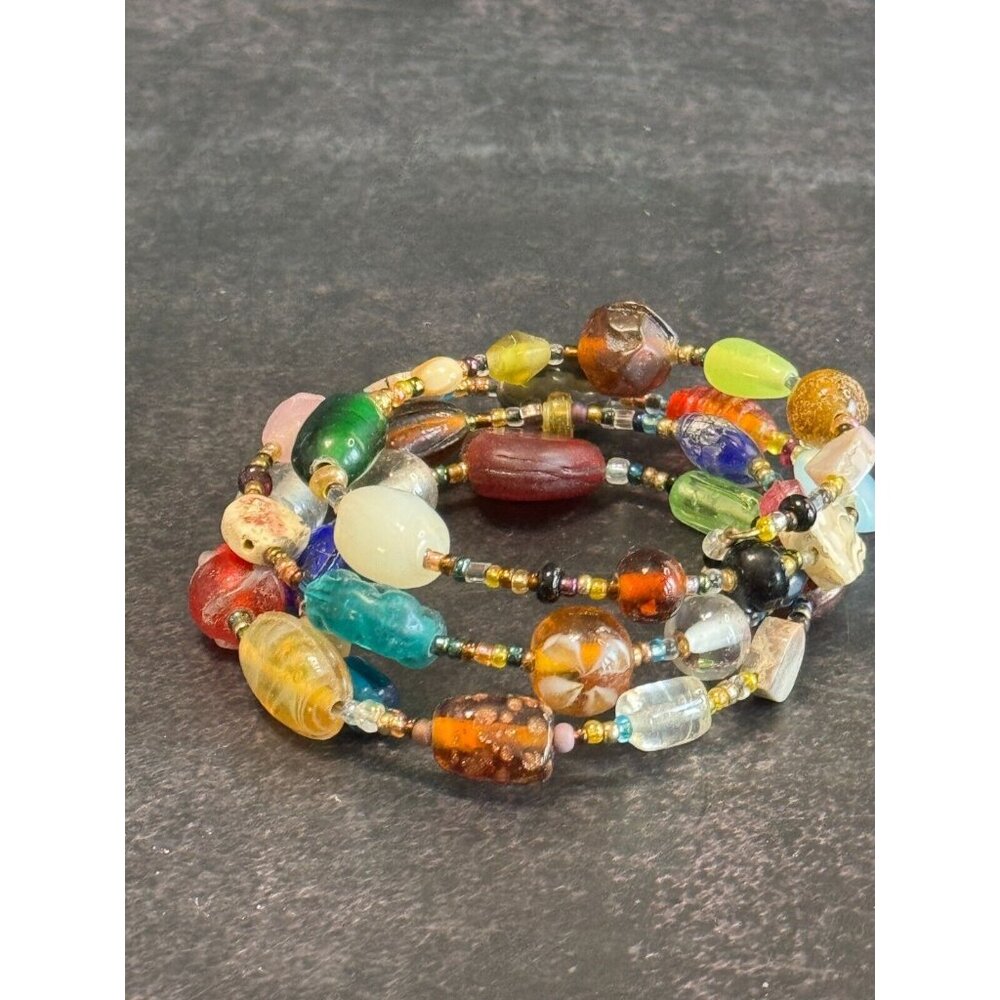 Vintage Art Glass & Gemstone Multi-Color Wrap Bracelet Boho Style - Picture 8 of 10